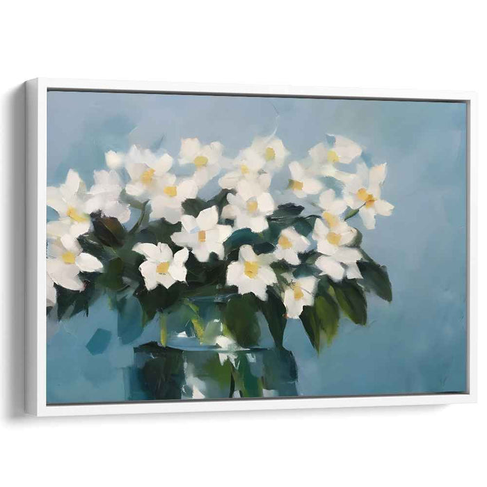 Gossamer Petals Captured: Impressionistic White Flowers in Glass Vase Canvas Art Print
