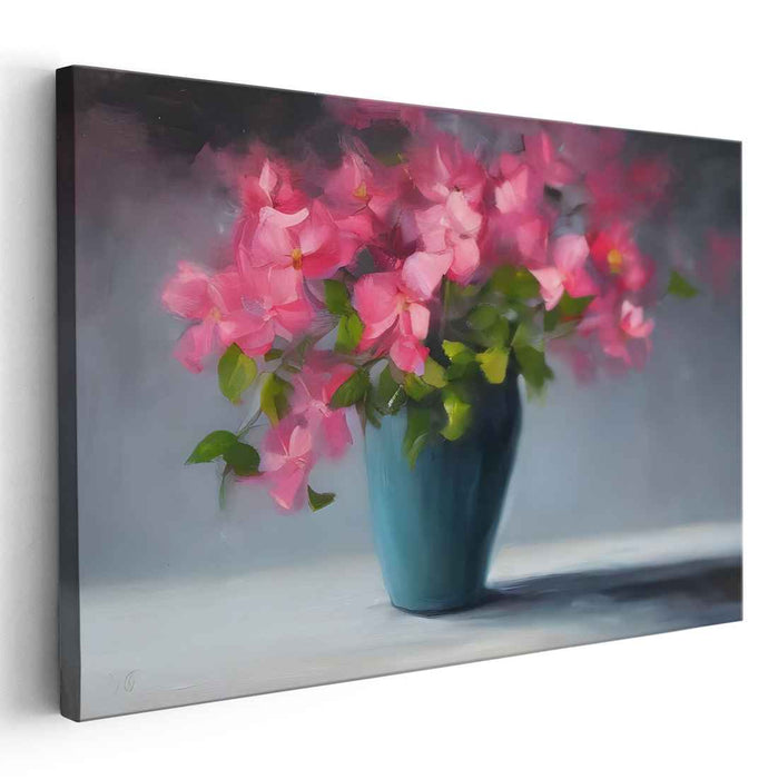 Aquamarine Bouquet: Impressionist Pink Flowers in Turquoise Vase Canvas Art Print
