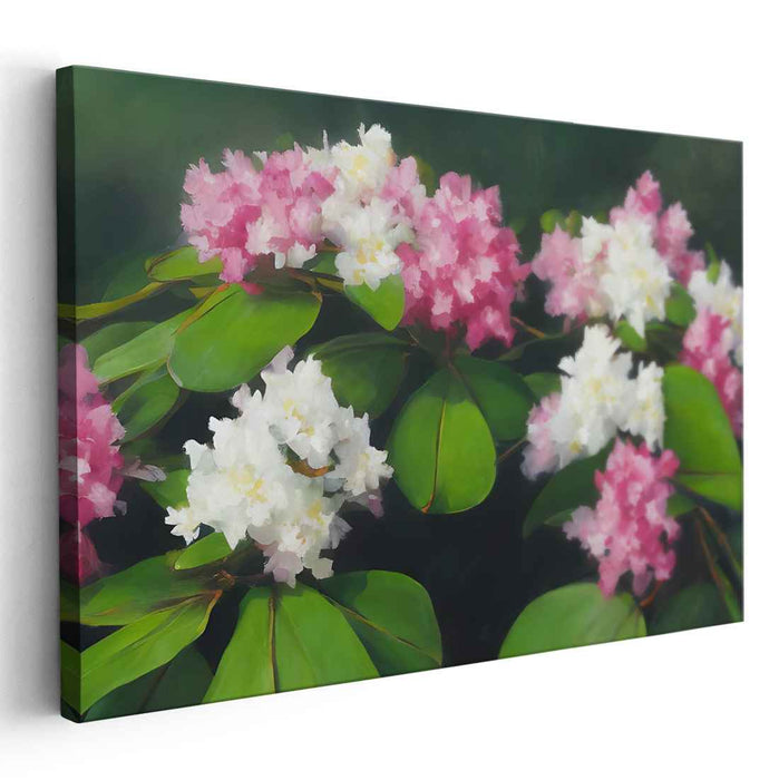 Enchanted Petals Dance Among Foliage: Realistic Rhododendron Blossoms in Lush Greenery Canvas Art