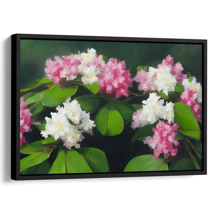 Enchanted Petals Dance Among Foliage: Realistic Rhododendron Blossoms in Lush Greenery Canvas Art