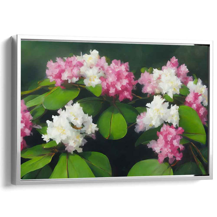 Enchanted Petals Dance Among Foliage: Realistic Rhododendron Blossoms in Lush Greenery Canvas Art