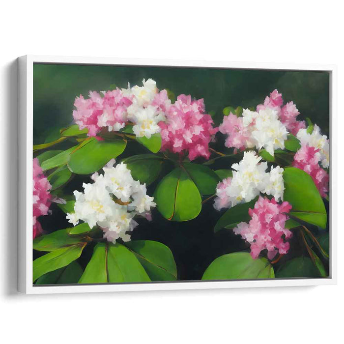 Enchanted Petals Dance Among Foliage: Realistic Rhododendron Blossoms in Lush Greenery Canvas Art