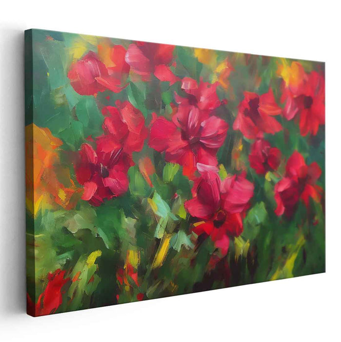 Brushstrokes of Scarlet Dance: Vibrant Red Flowers in Impressionist Style Canvas Art Print