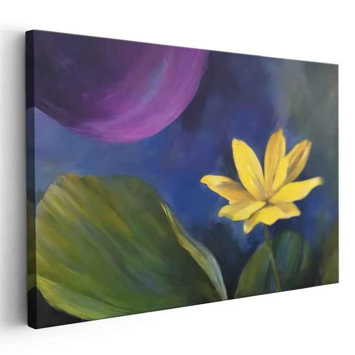 Enigmatic Bloom Luna Echo: Surreal Yellow Flower and Purple Moon Canvas Art Print