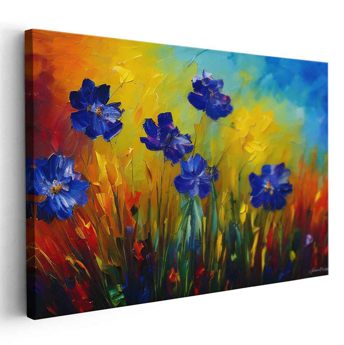 Cerulean Petal Whispers: Vibrant Blue Floral Canvas Art Print