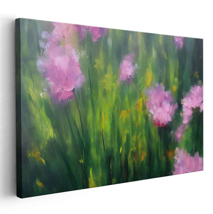 Fleeting Petal Waltz: Impressionist Meadow with Pink Flowers Canvas Art Print