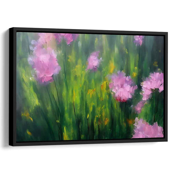 Fleeting Petal Waltz: Impressionist Meadow with Pink Flowers Canvas Art Print