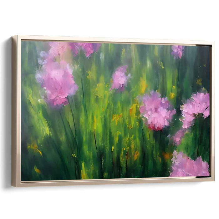 Fleeting Petal Waltz: Impressionist Meadow with Pink Flowers Canvas Art Print