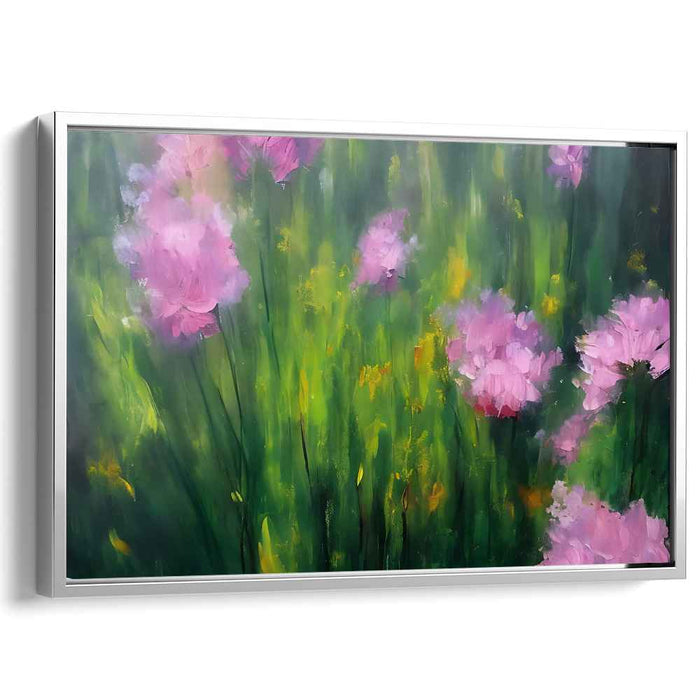 Fleeting Petal Waltz: Impressionist Meadow with Pink Flowers Canvas Art Print