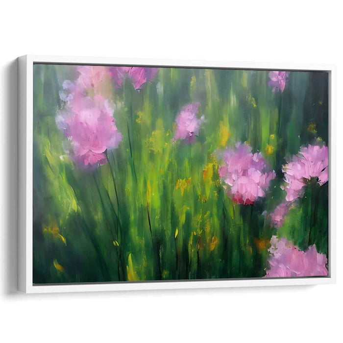 Fleeting Petal Waltz: Impressionist Meadow with Pink Flowers Canvas Art Print