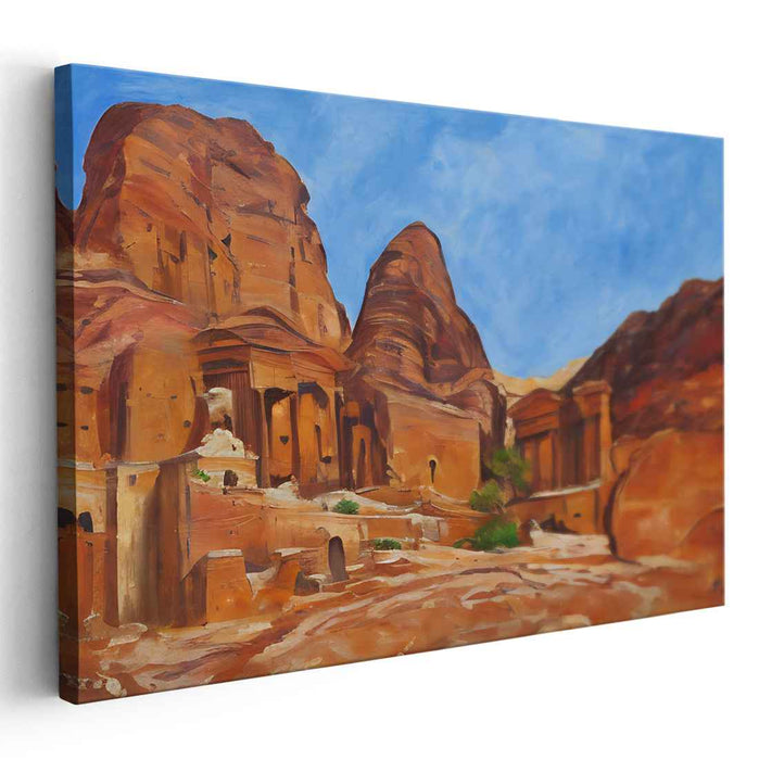 Terra Timeless Relics: Ancient Rock-Cut Marvels in Vibrant Terracotta Canvas Art Print