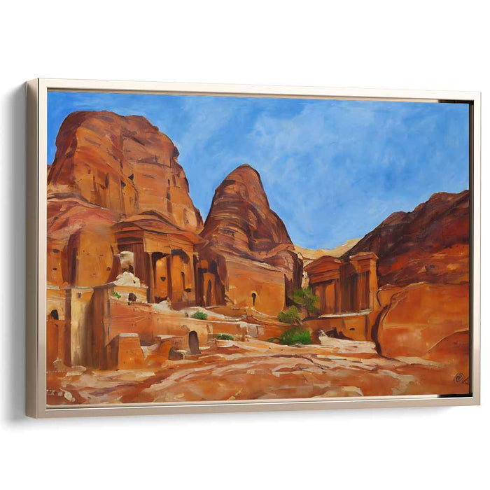 Terra Timeless Relics: Ancient Rock-Cut Marvels in Vibrant Terracotta Canvas Art Print