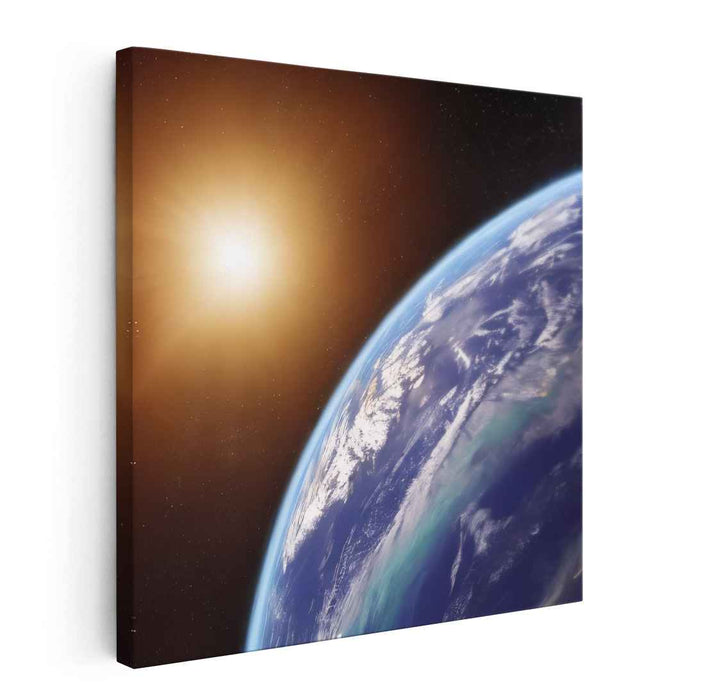 Celestial Dance Painting: Earth and Sun from Space Canvas Art Print