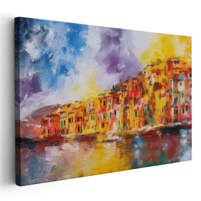 Colorful Coastal Elegance: Impressionist Seaside Village Canvas Art