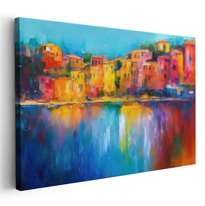 Serene Waterfront Haven: Colorful Lakeside Village Canvas Art