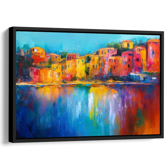 Serene Waterfront Haven: Colorful Lakeside Village Canvas Art