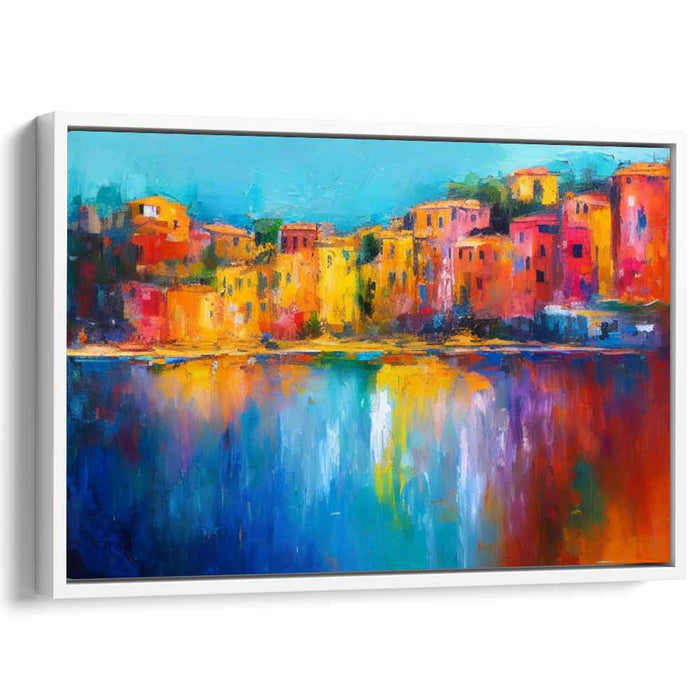 Serene Waterfront Haven: Colorful Lakeside Village Canvas Art