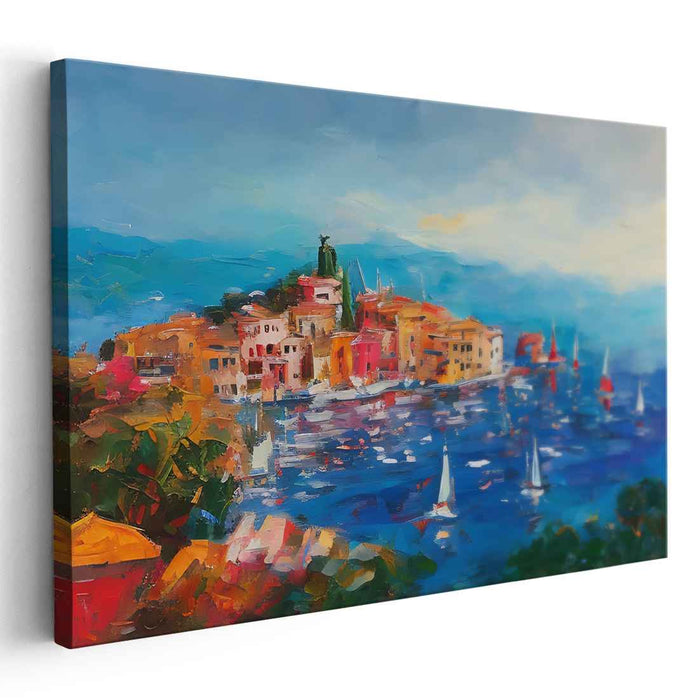 Seaside Wharf Life: Vibrant Coastal Village Scene Canvas Art