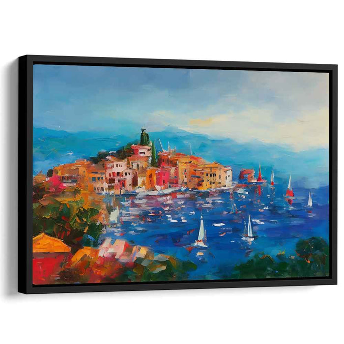 Seaside Wharf Life: Vibrant Coastal Village Scene Canvas Art