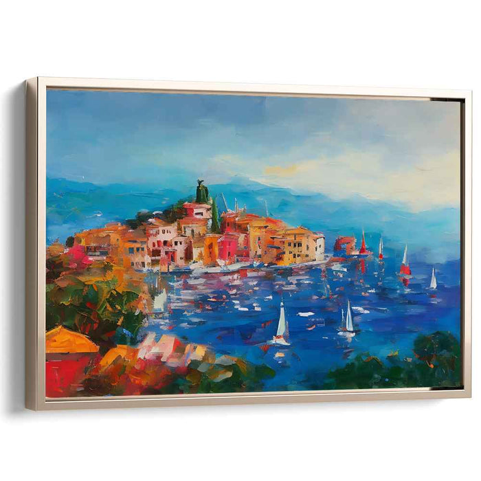 Seaside Wharf Life: Vibrant Coastal Village Scene Canvas Art