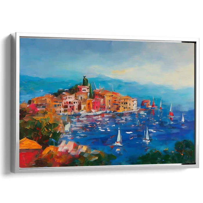 Seaside Wharf Life: Vibrant Coastal Village Scene Canvas Art