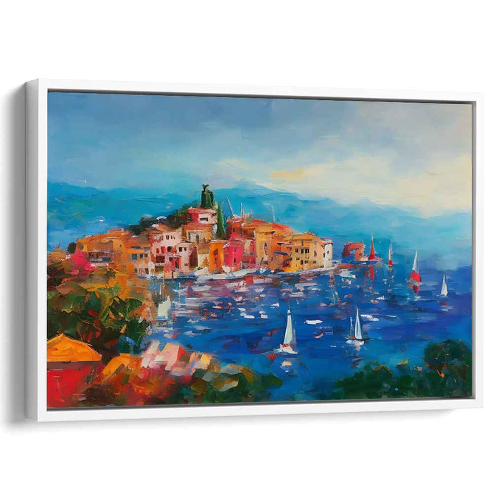 Seaside Wharf Life: Vibrant Coastal Village Scene Canvas Art