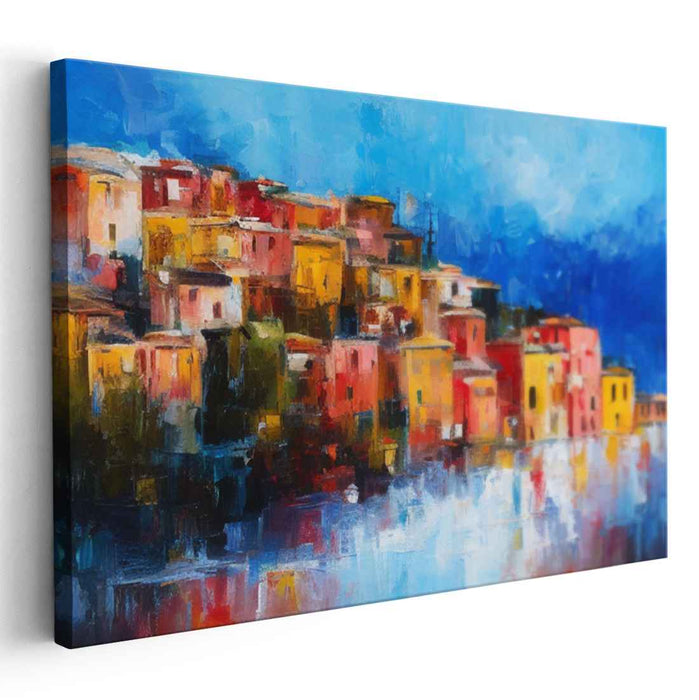 Seaside Melancholy: Colorful Coastal Village Reflection Canvas Art