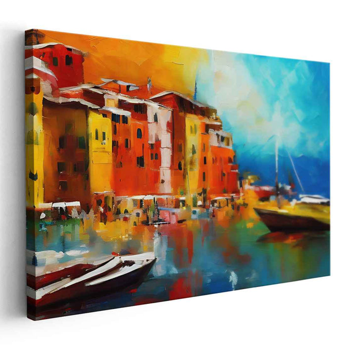 Tide-Kissed Hamlet Dusk: Vibrant Coastal Town at Sunset