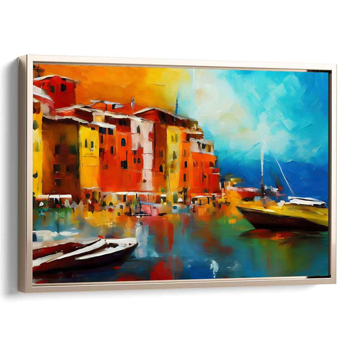 Tide-Kissed Hamlet Dusk: Vibrant Coastal Town at Sunset