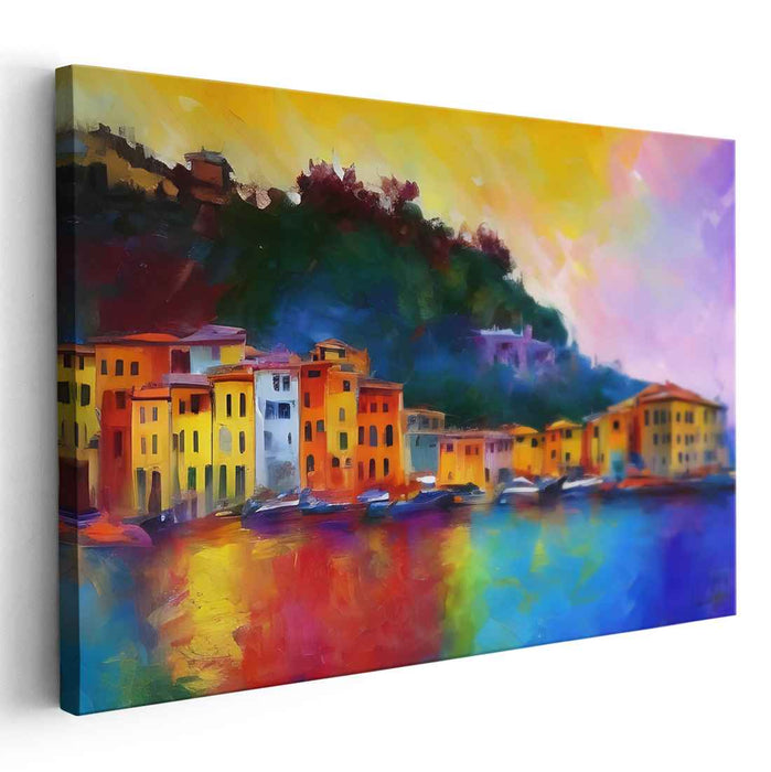Radiant Harbor: Colorful Coastal Village Canvas Art