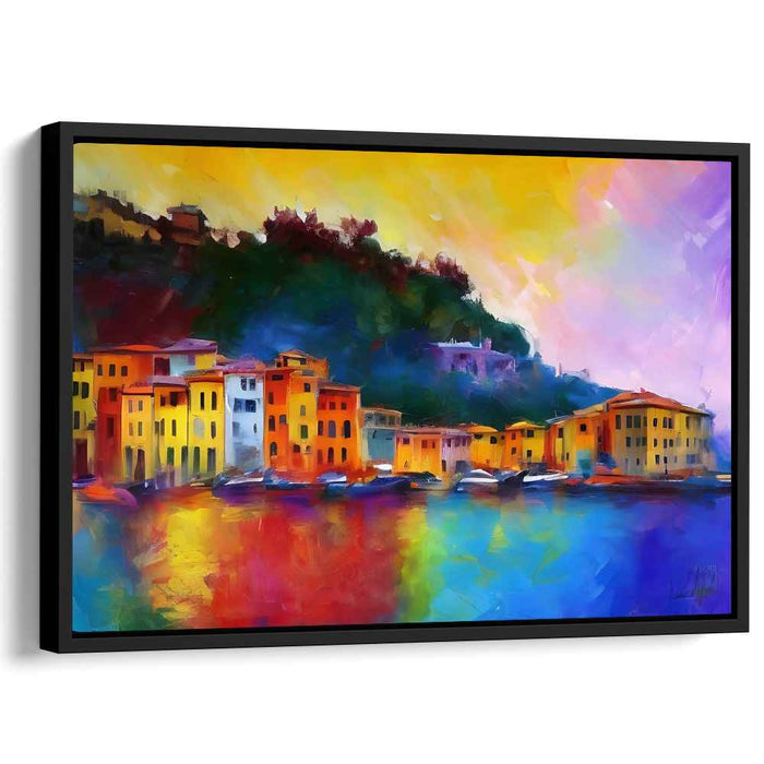 Radiant Harbor: Colorful Coastal Village Canvas Art