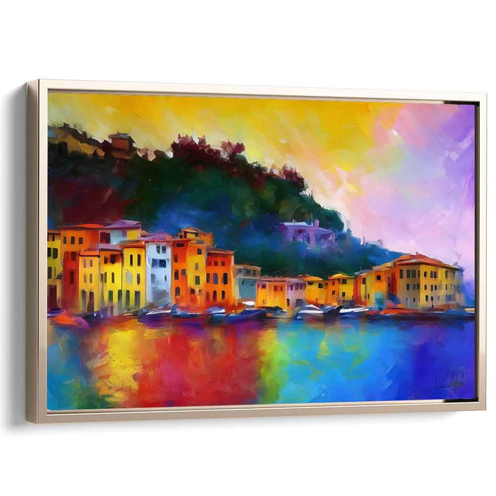 Radiant Harbor: Colorful Coastal Village Canvas Art