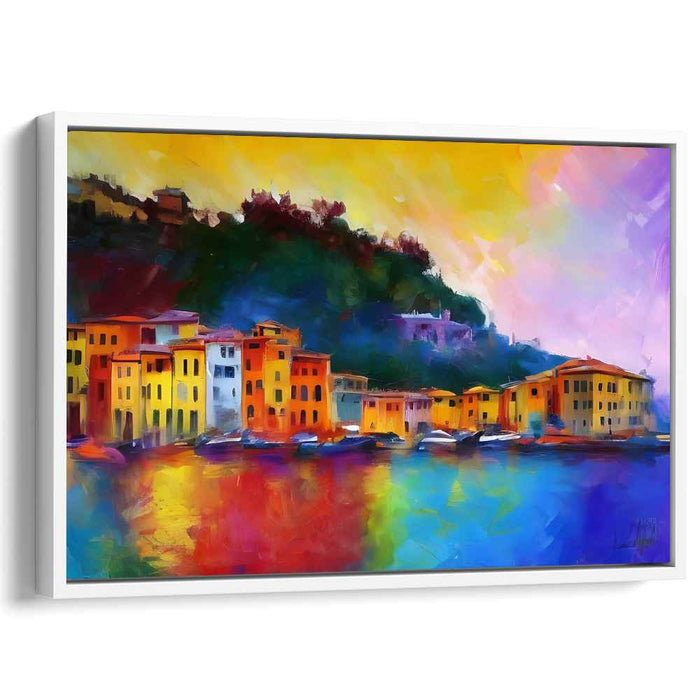Radiant Harbor: Colorful Coastal Village Canvas Art