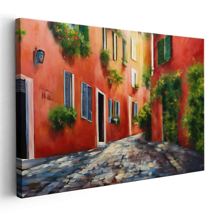 Cobbled Shadows Dance: Sunlit Cobblestone Alley Canvas Art