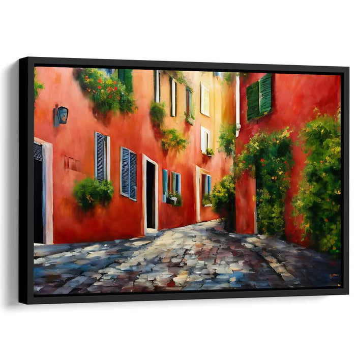 Cobbled Shadows Dance: Sunlit Cobblestone Alley Canvas Art