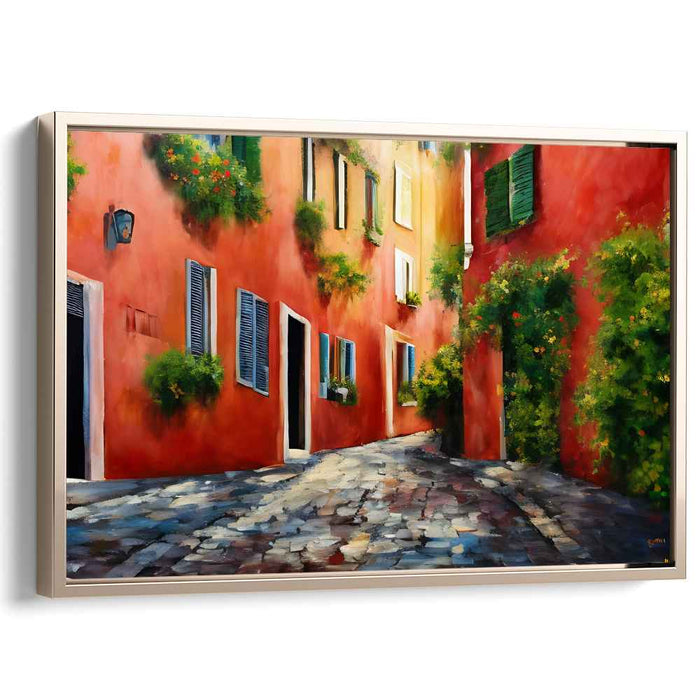 Cobbled Shadows Dance: Sunlit Cobblestone Alley Canvas Art