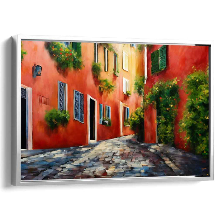 Cobbled Shadows Dance: Sunlit Cobblestone Alley Canvas Art