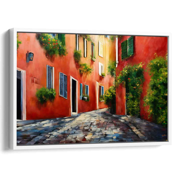 Cobbled Shadows Dance: Sunlit Cobblestone Alley Canvas Art