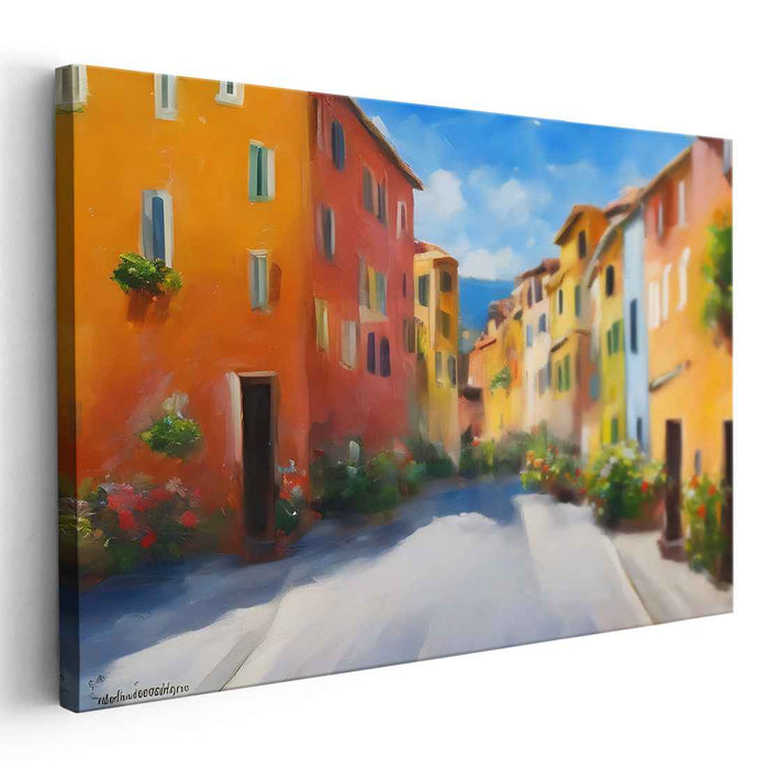 Sunlit European Village: Vibrant Street Scene Canvas Art Print