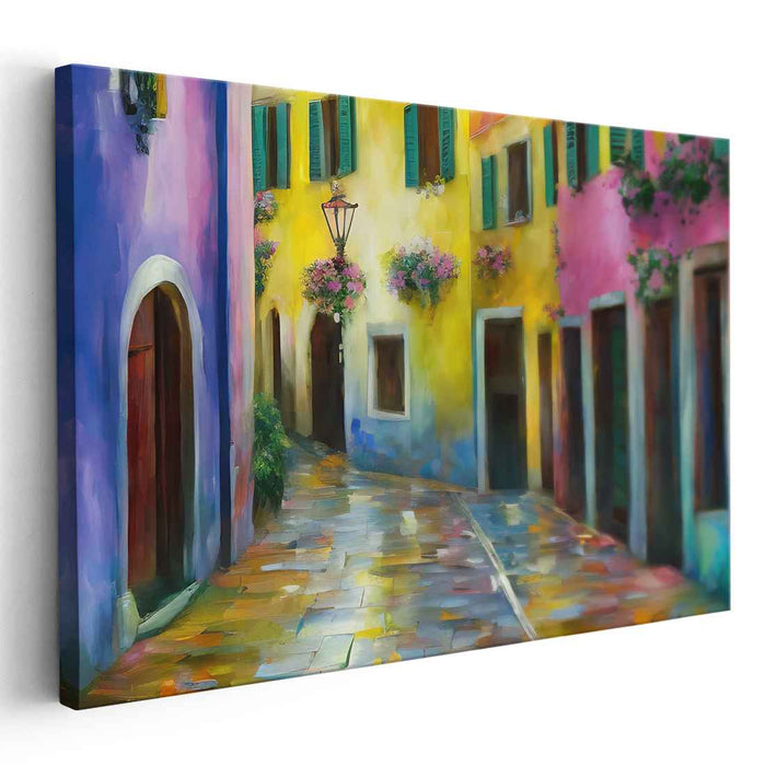 Quaint Village Charm: Vibrant European Village Canvas Art Print