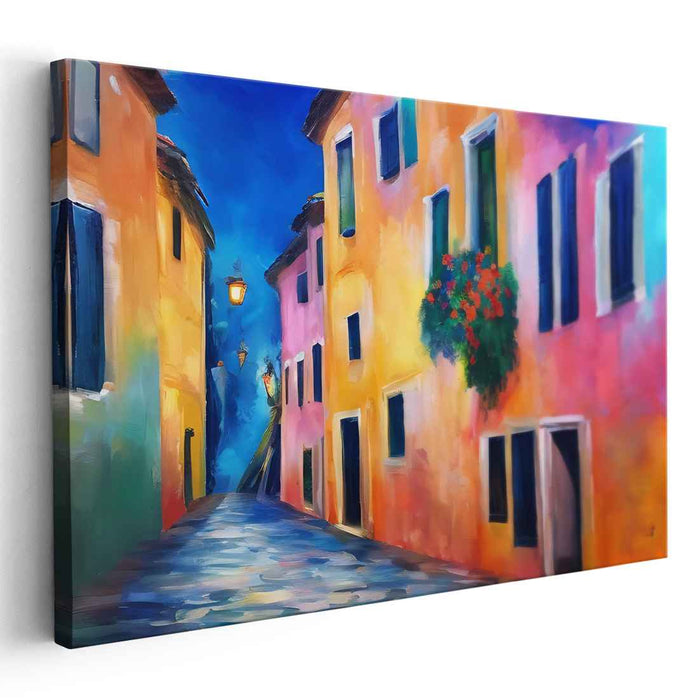 Enchanted European Alley: Luminous Colorful Street Scene Canvas Art