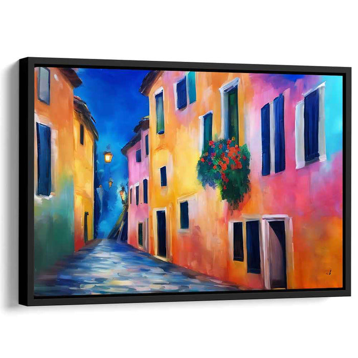 Enchanted European Alley: Luminous Colorful Street Scene Canvas Art