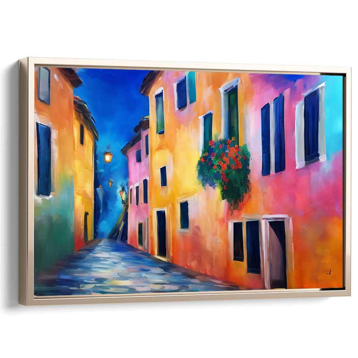 Enchanted European Alley: Luminous Colorful Street Scene Canvas Art
