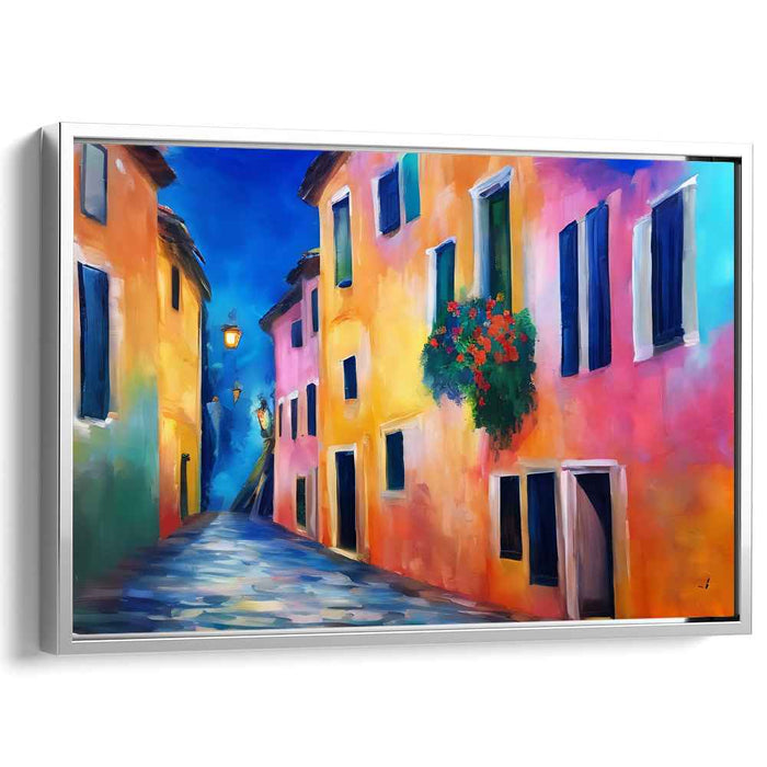 Enchanted European Alley: Luminous Colorful Street Scene Canvas Art