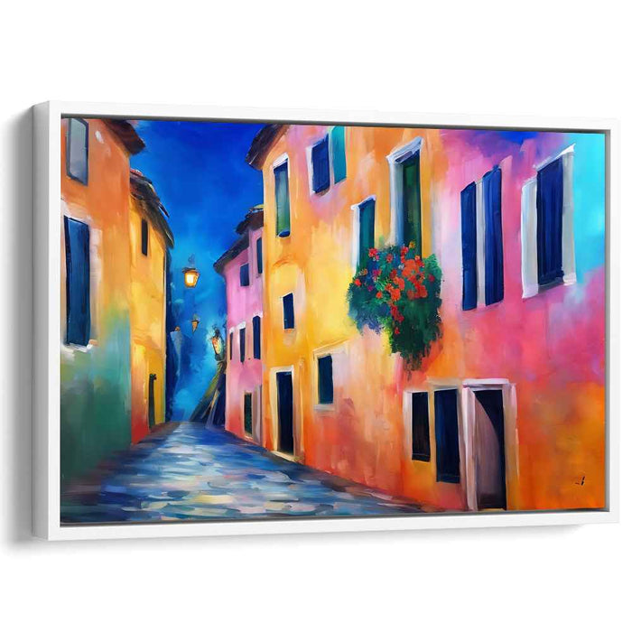 Enchanted European Alley: Luminous Colorful Street Scene Canvas Art