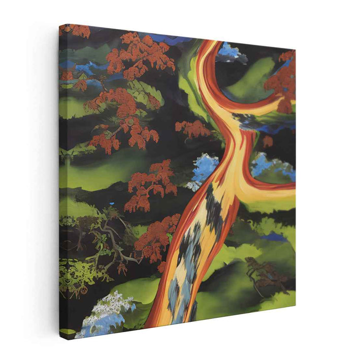 Crimson Cascade: Lyrical Landscape in Vivid Colors Canvas Art Print