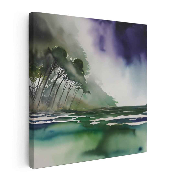 Silent Meadow Whispers: Tranquil Green and Purple Landscape Canvas Art