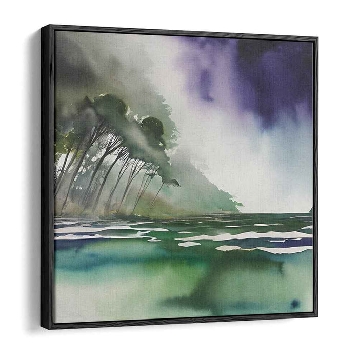 Silent Meadow Whispers: Tranquil Green and Purple Landscape Canvas Art