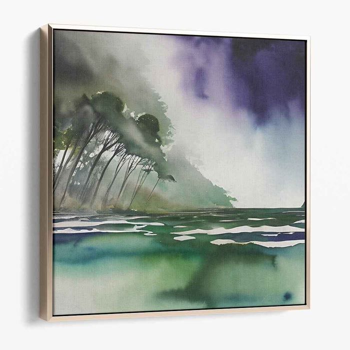 Silent Meadow Whispers: Tranquil Green and Purple Landscape Canvas Art