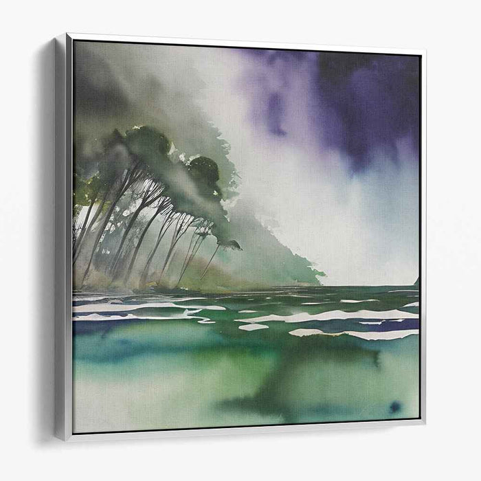 Silent Meadow Whispers: Tranquil Green and Purple Landscape Canvas Art